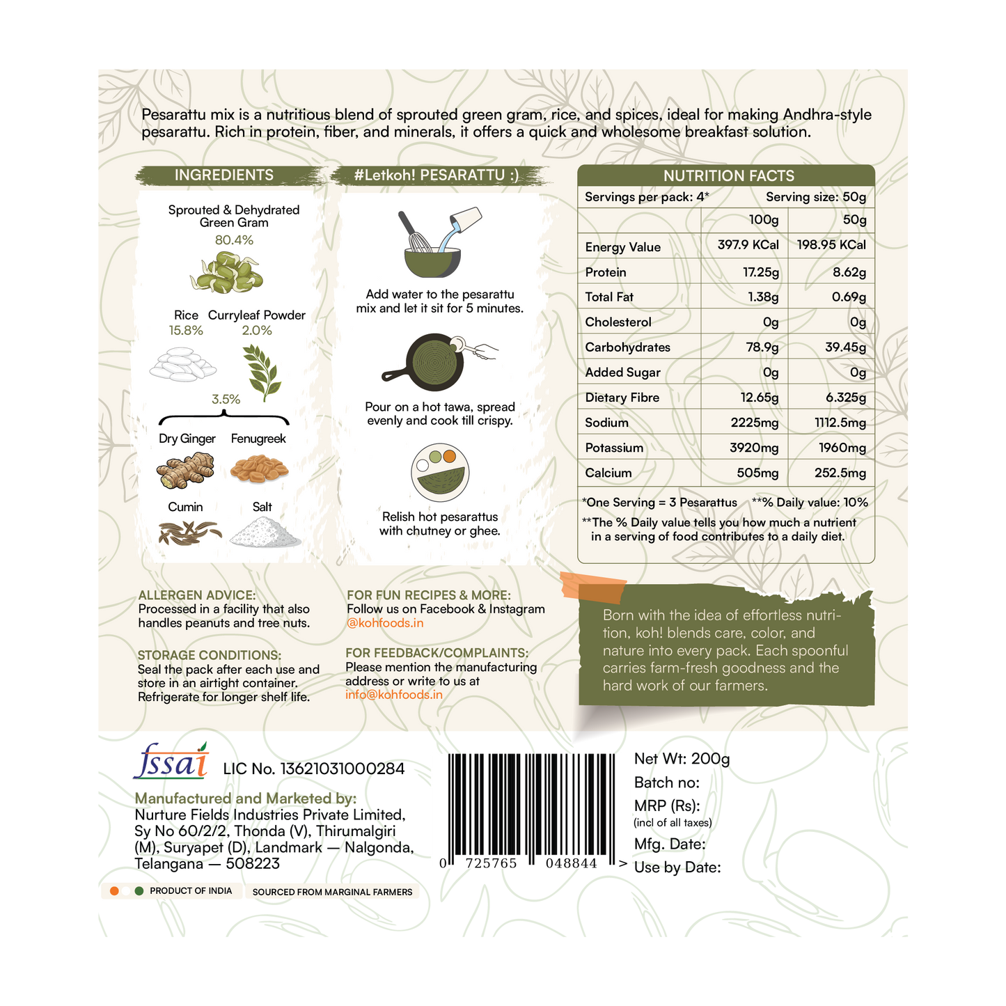 Sprouted Moong Dal Pesarattu Mix + Goodness of Curry Leaf