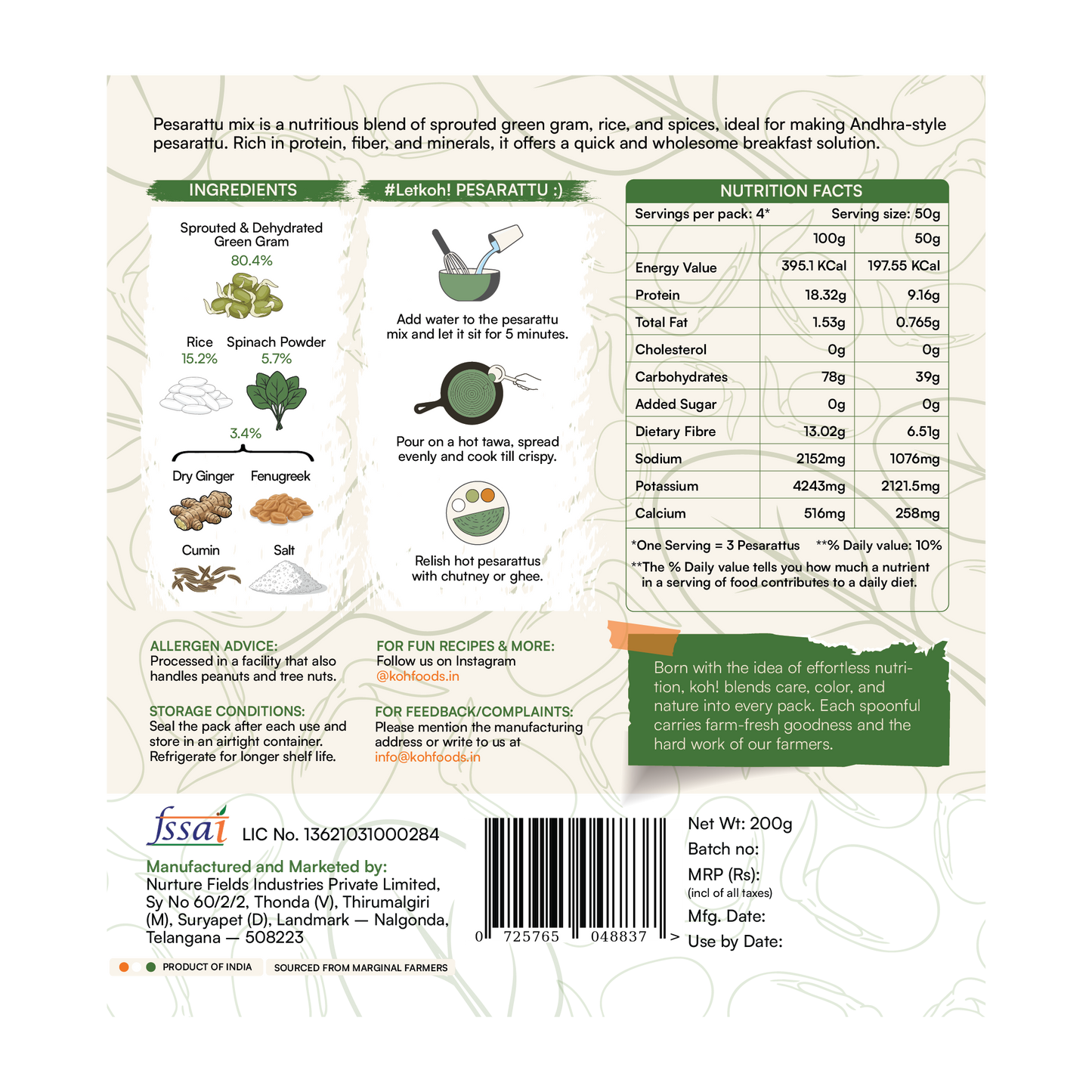 Sprouted Moong Dal Pesarattu Mix + Goodness of Spinach