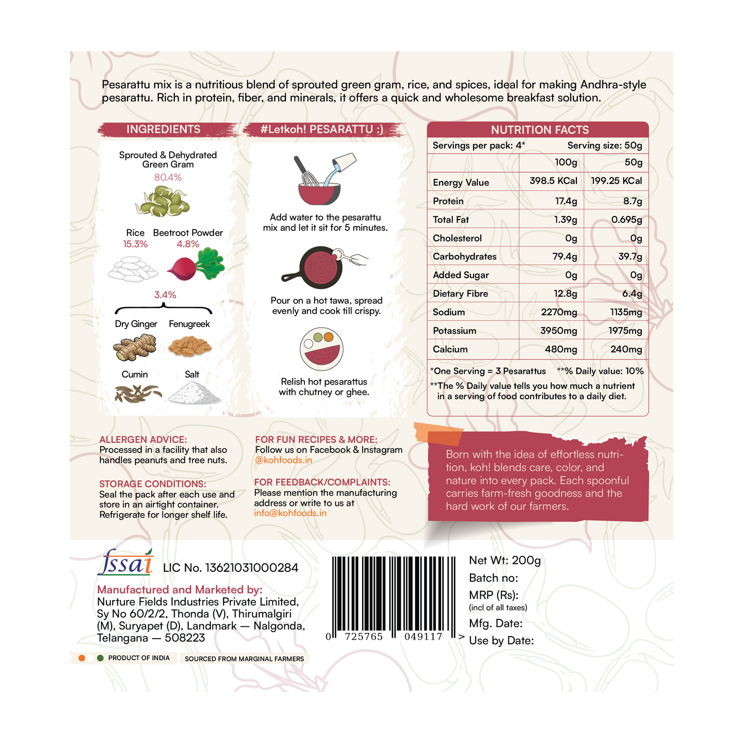 Sprouted Moong Dal Pesarattu Mix + Goodness of Beetroot