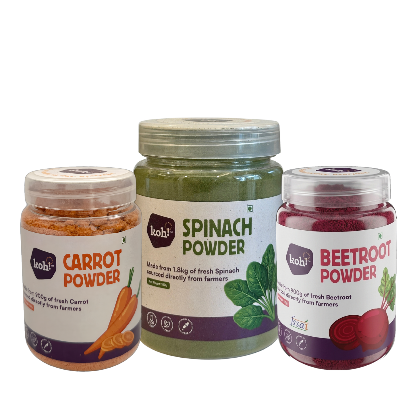 koh! Ultimate Trio — Spinach, Beetroot & Carrot Powders | 100g x 3