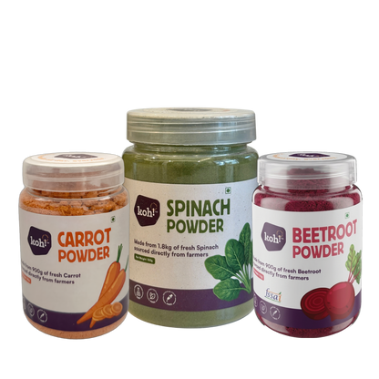 koh! Ultimate Trio — Spinach, Beetroot & Carrot Powders | 100g x 3