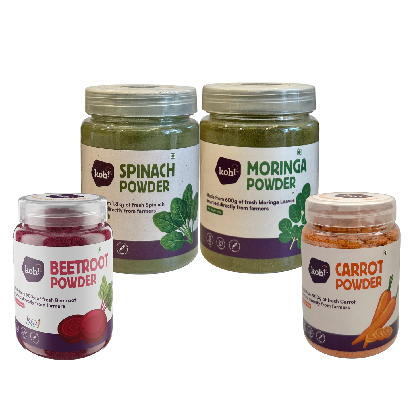 koh! Superfoods 4-Pack — Beetroot, Spinach, Carrot & Moringa Powders | 100g x 4