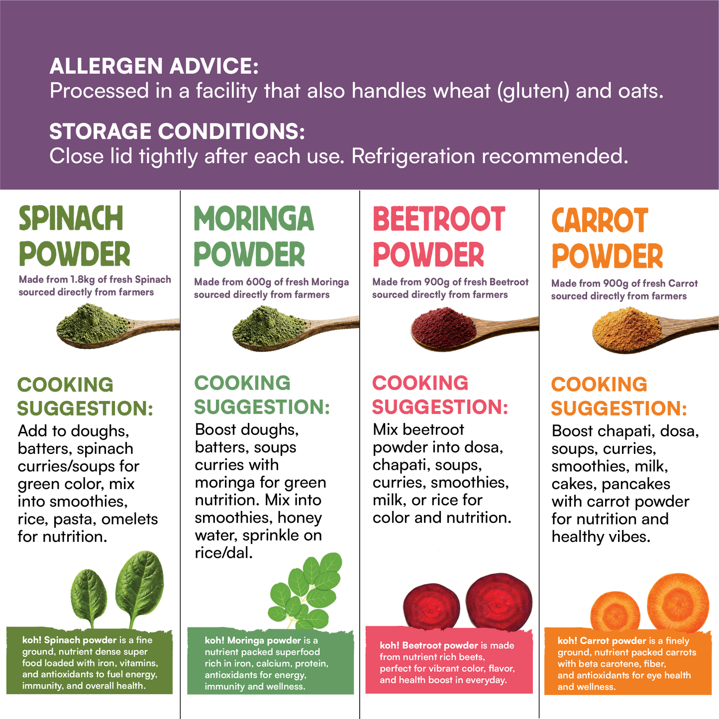 Superfoods - Beetroot, Spinach, Carrot & Moringa Powders | 100g x 4