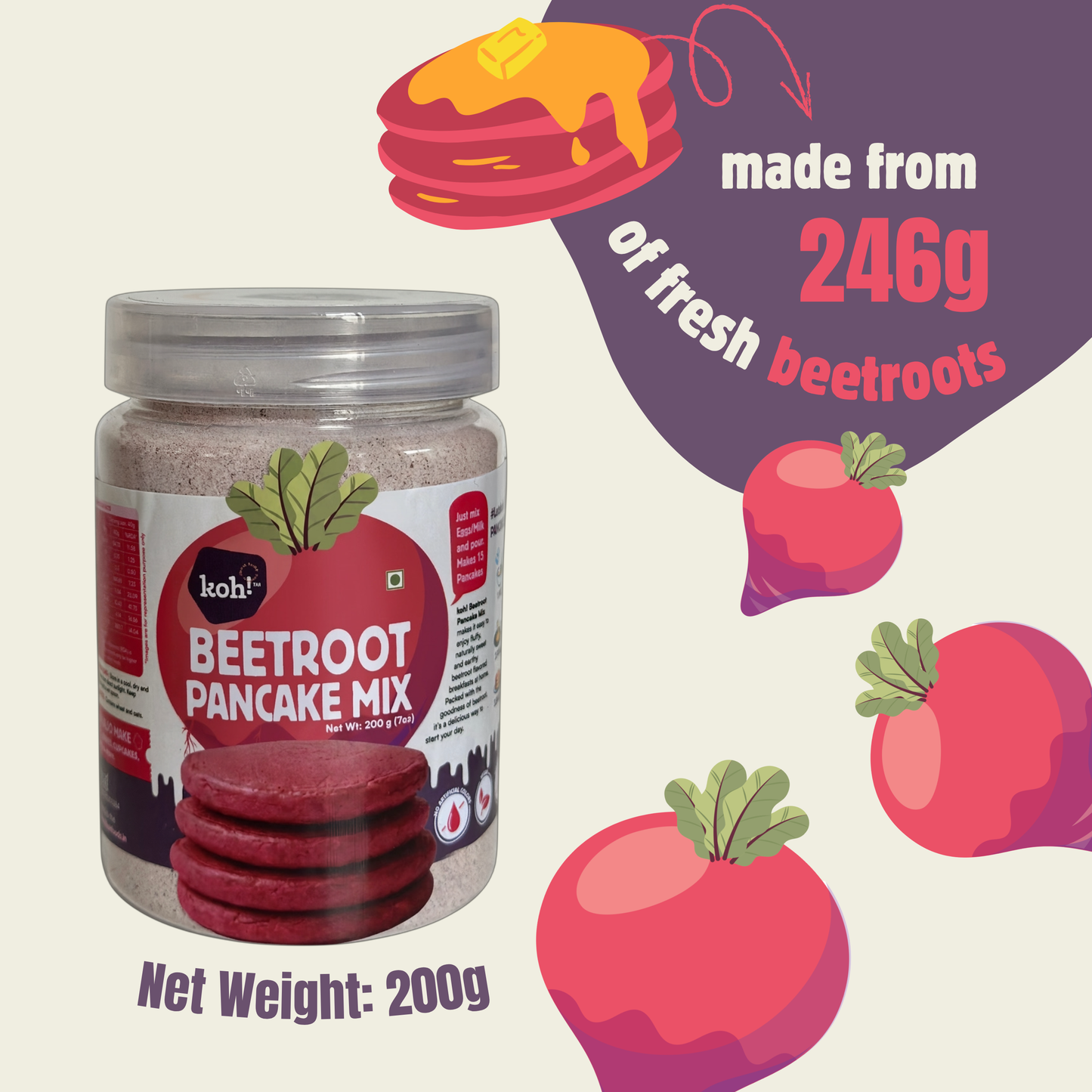 koh! Beetroot Pancake Mix | Whole Wheat, Sprouted Ragi & Oats | 200g