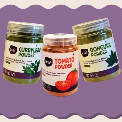 South Indian Kitchen Flavour Trio — Tomato, Gongura & Curry Leaf Powders | 100g x 3