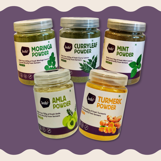 Inside-Out Complete Ritual — Amla, Turmeric, Moringa, Mint & Curry Leaf Powders | 100g x 5