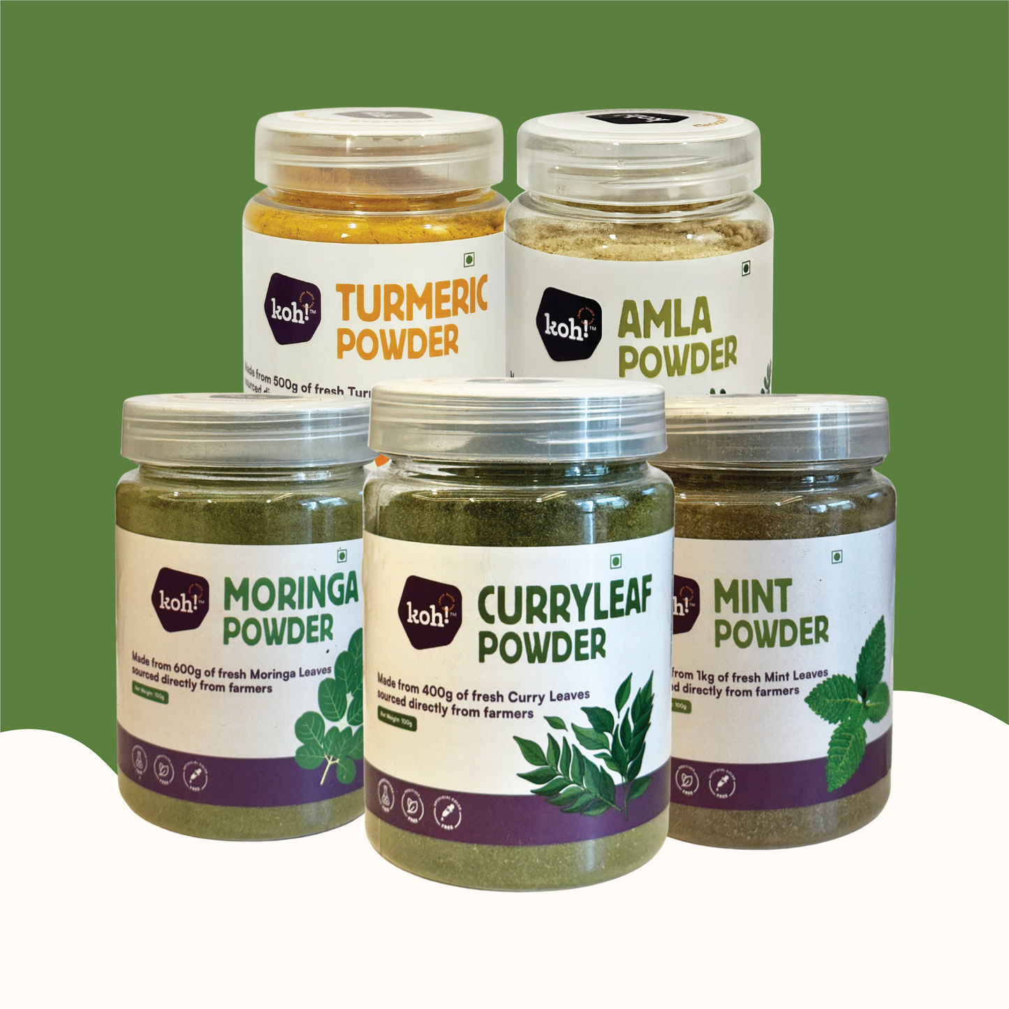 Inside-Out Complete Ritual — Amla, Turmeric, Moringa, Mint & Curry Leaf Powders | 100g x 5