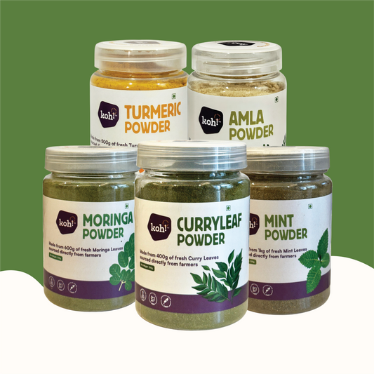 Inside-Out Complete Ritual — Amla, Turmeric, Moringa, Mint & Curry Leaf Powders | 100g x 5