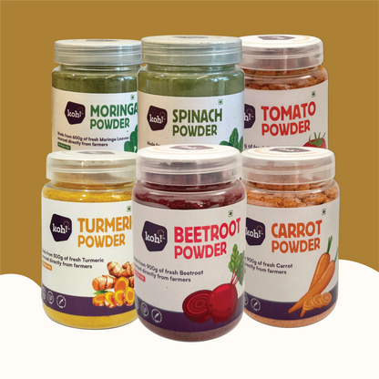 koh! Rainbow Superfoods — Beetroot, Carrot, Tomato, Spinach, Moringa & Turmeric Powders | 100g x 6