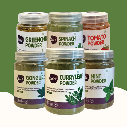 South Indian Flavoured Rice Kit — Spinach, Tomato, Curry Leaf, Mint, Gongura & Green Chilli Powders | 100g x 6