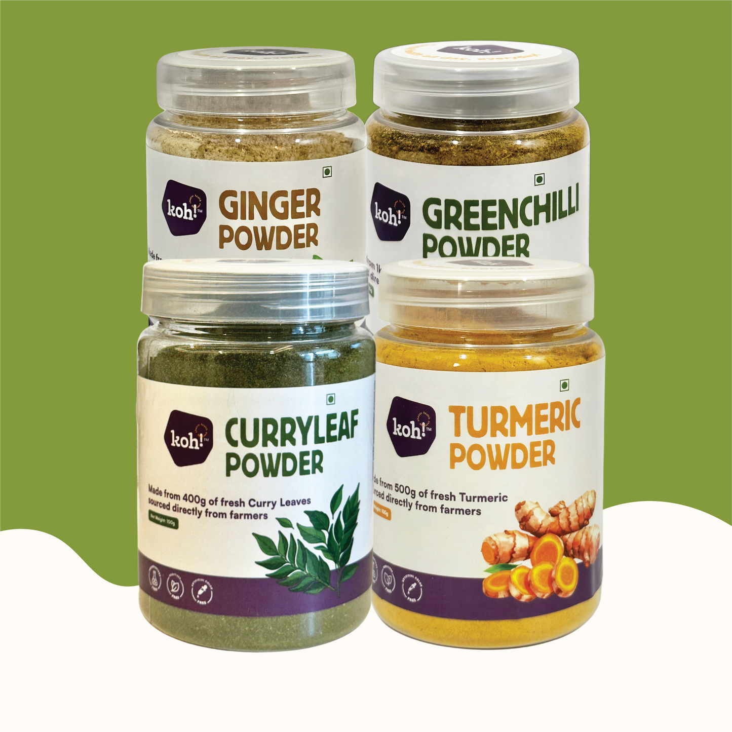 South Indian Pantry Starter Kit — Ginger, Turmeric, Curry Leaf & Green Chilli Powders | 100g x 4