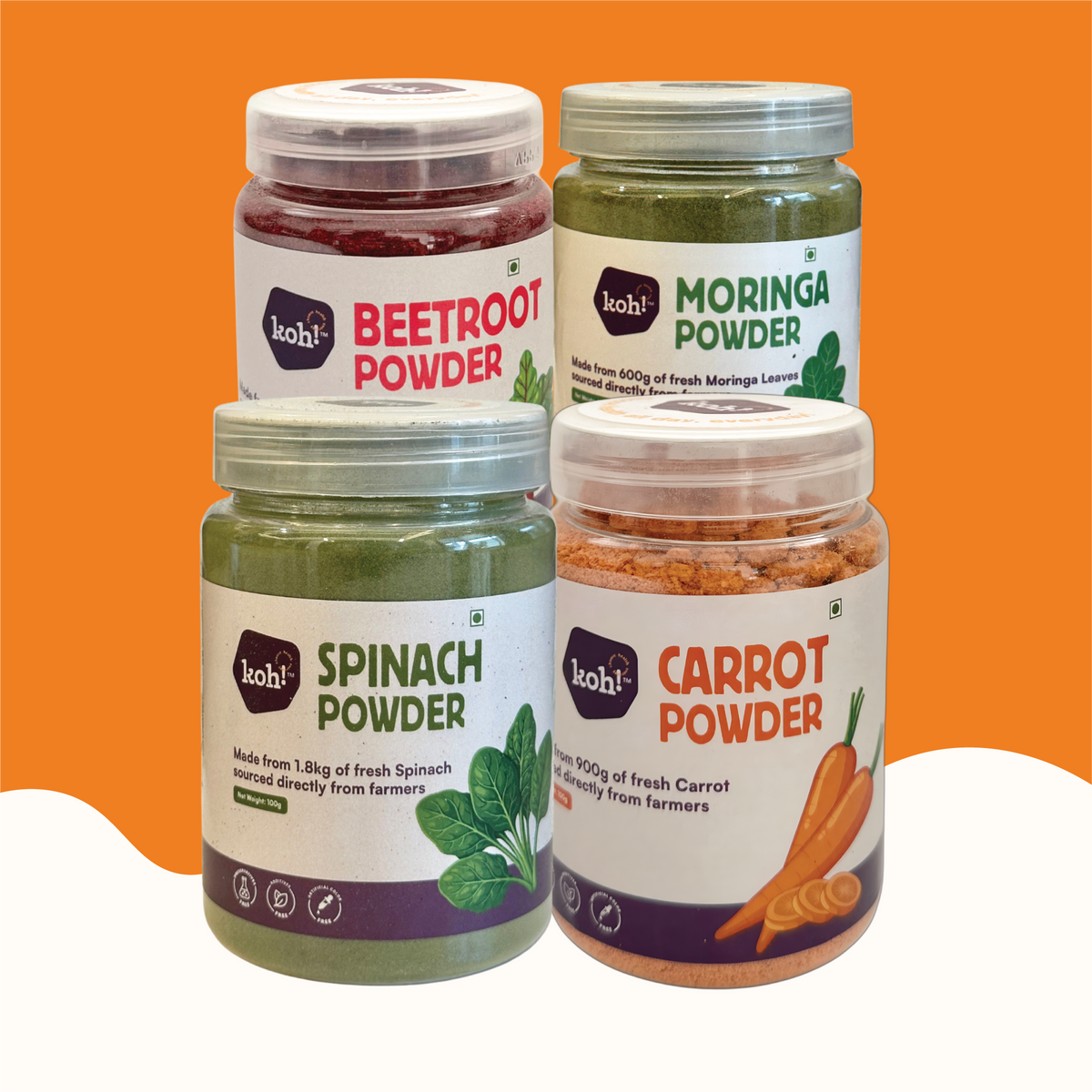 koh! Superfoods 4-Pack — Beetroot, Spinach, Carrot & Moringa Powders | 100g x 4