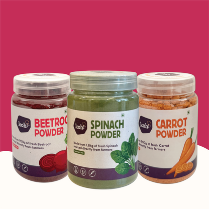 koh! Ultimate Trio — Spinach, Beetroot & Carrot Powders | 100g x 3