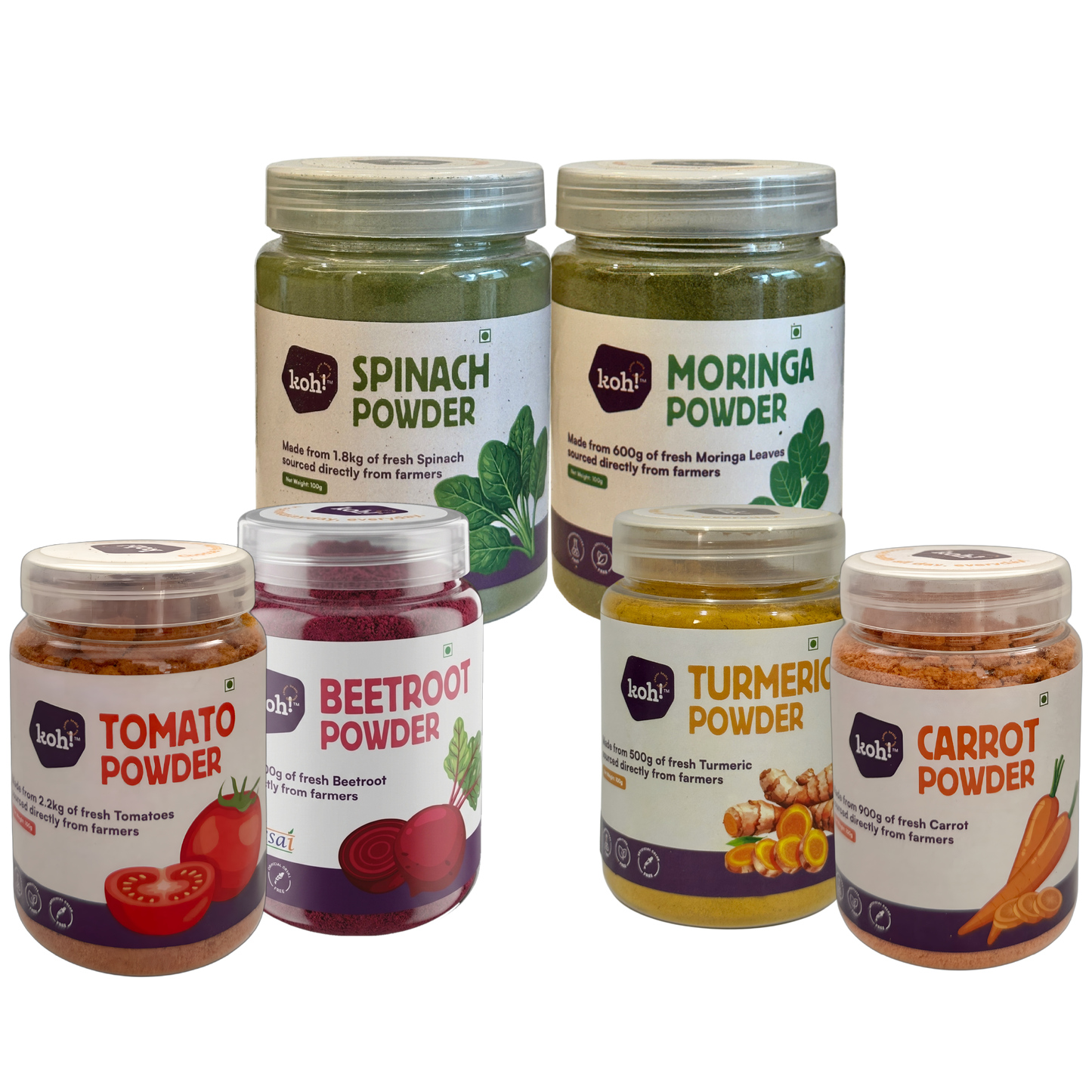 koh! Rainbow Superfoods — Beetroot, Carrot, Tomato, Spinach, Moringa & Turmeric Powders | 100g x 6