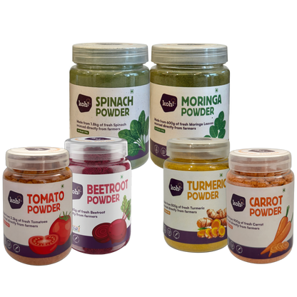 koh! Rainbow Superfoods — Beetroot, Carrot, Tomato, Spinach, Moringa & Turmeric Powders | 100g x 6