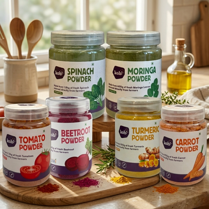 koh! Rainbow Superfoods — Beetroot, Carrot, Tomato, Spinach, Moringa & Turmeric Powders | 100g x 6