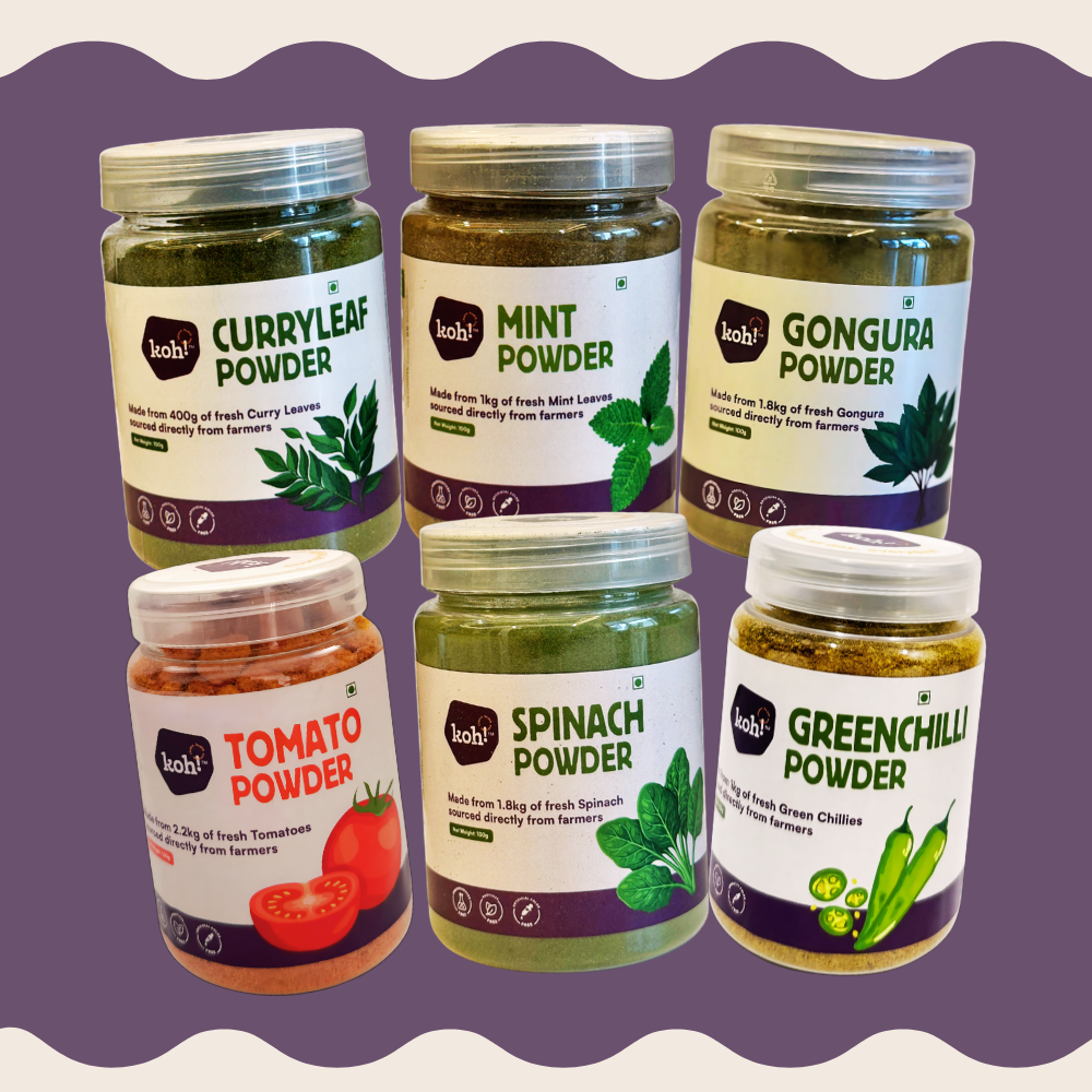 South Indian Flavoured Rice Kit — Spinach, Tomato, Curry Leaf, Mint, Gongura & Green Chilli Powders | 100g x 6