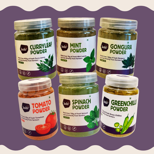 South Indian Flavoured Rice Kit — Spinach, Tomato, Curry Leaf, Mint, Gongura & Green Chilli Powders | 100g x 6
