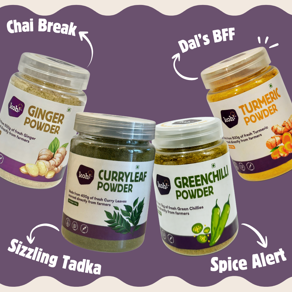 South Indian Pantry Starter Kit — Ginger, Turmeric, Curry Leaf & Green Chilli Powders | 100g x 4