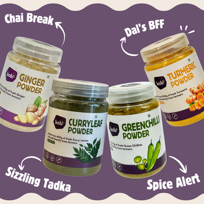 South Indian Pantry Starter Kit — Ginger, Turmeric, Curry Leaf & Green Chilli Powders | 100g x 4