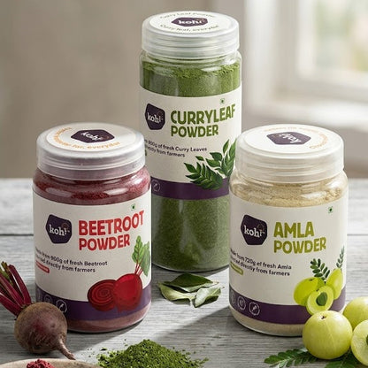 Inside-Out Beauty Bundle: Beetroot + Amla  + Curry Leaf Powders  | 100g x 3
